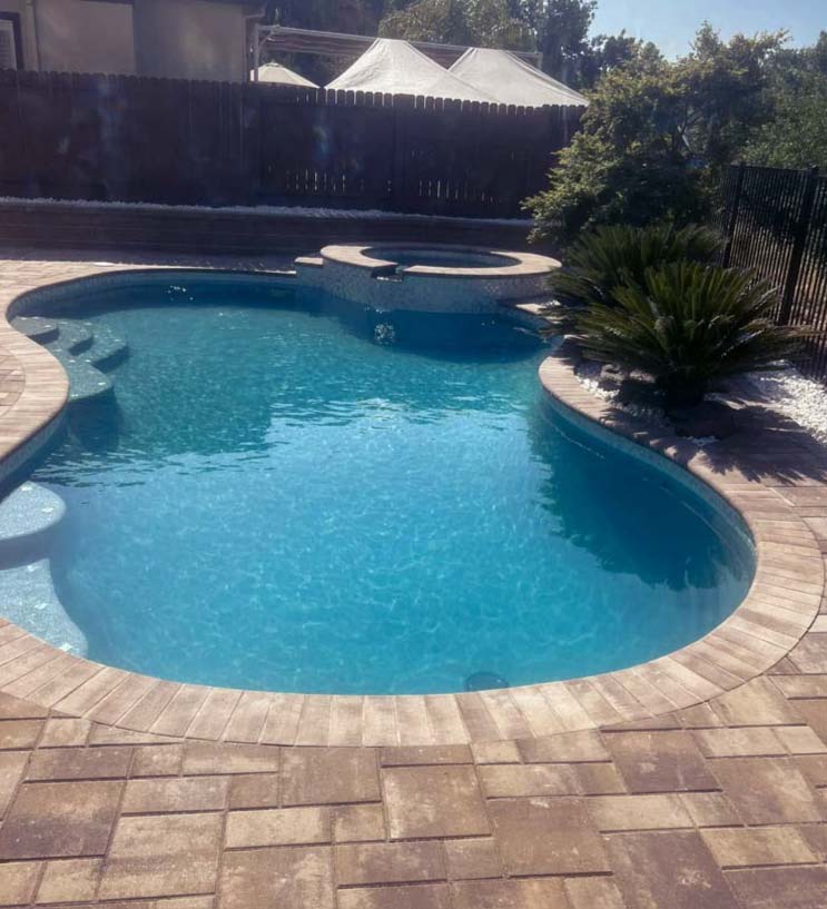 Freeform pool with raised spa, paver decking, and clear blue water in a Sacramento backyard